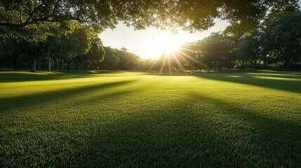 Poster - Lush green grass field illuminated by the warm glow of the setting sun.