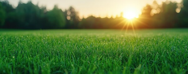 Poster - Lush green grass field under the warm glow of a sunrise.