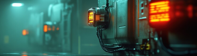 Poster - Futuristic Industrial Corridor with Glowing Orange Lights, High-Tech Equipment, and Atmospheric Fog in a Sci-Fi Environment for Creative Projects