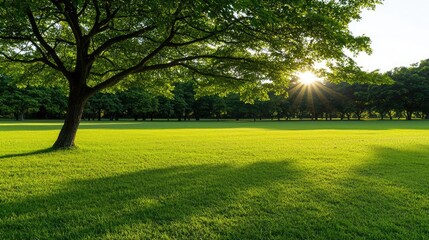 Poster - Lush green grass under a tree with sunlight peeking through the leaves.