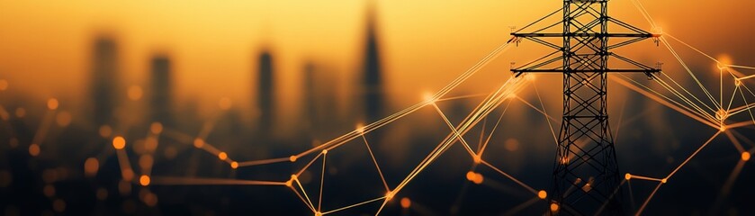 Fototapete - Urban Power Infrastructure with a Silhouette of a Transmission Tower Against a Golden Sunset, Highlighting Connectivity and Energy Supply in Modern Cityscapes