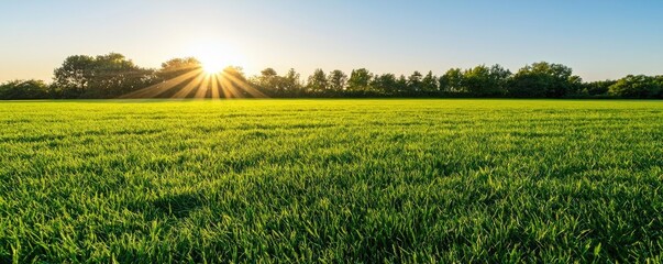 Poster - Vibrant green field under a bright sun at sunrise, ideal for nature-themed projects.
