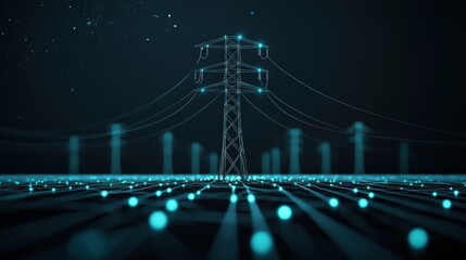 Poster - Futuristic Power Line Network with Glowing Nodes and Dynamic Connections Against a Dark Background, Illustrating Energy Distribution and Technology Integration
