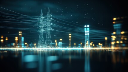 Poster - Abstract representation of electrical power lines and towers illuminated with vibrant blue and orange lights reflecting on a calm water surface at night in a futuristic cityscape.