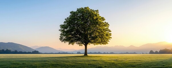 Poster - Lone tree standing majestically in a serene landscape at sunrise.