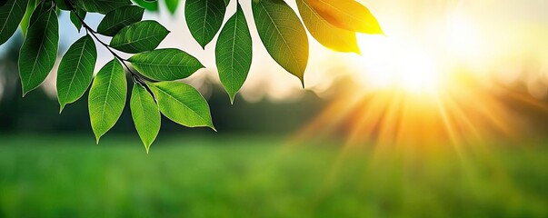 Poster - Green leaves glistening in the sunlight against a vibrant natural background.