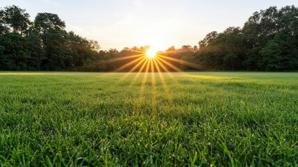 Poster - Sunrise over a lush green field, bright rays piercing through the trees.