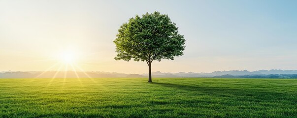Poster - Lone tree in a green field during sunrise, with a clear blue sky.