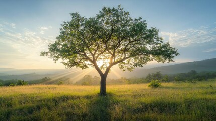 Poster - Lone tree in a grassy field bathed in golden sunlight during sunrise.