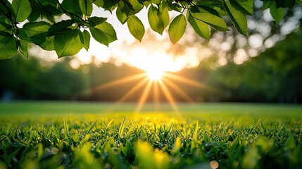 Poster - Sunlight shining through green leaves on a grassy field during a beautiful morning.
