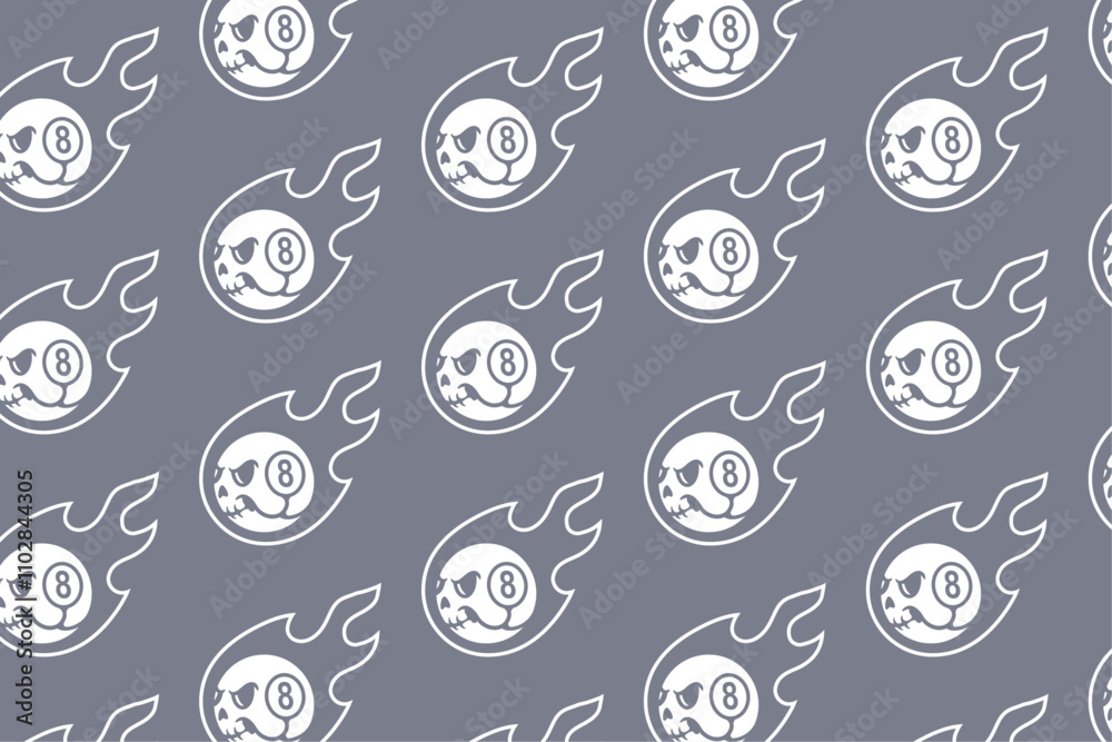 skull head with 8 ball snooker, fire silhouette seamless pattern on ...