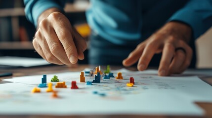 Poster - Focused Hands Engaging with Colorful Game Pieces on a Detailed Map, Representing Strategy and Planning in a Creative Workspace Environment
