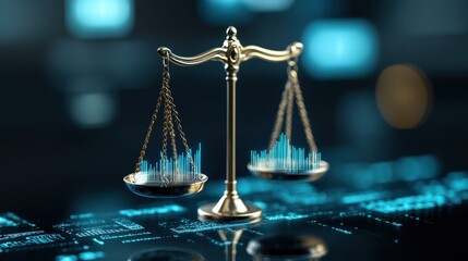 Poster - Precision Balance Scale with Digital Graphs Representing Data Analysis and Financial Trends in a Modern Abstract Environment