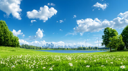 Aufkleber - A vibrant landscape featuring a lush green field, blooming flowers, a serene lake, and a city skyline under a bright blue sky with fluffy clouds