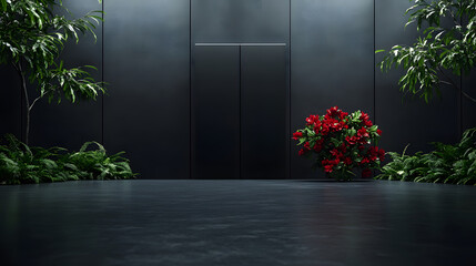 Poster - A modern, dark-space interior features lush greenery and a vibrant red floral arrangement, creating a striking contrast in an elegant setting