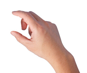 closeup of hand gesture trying to use finger to grab or pickup object or thing. isolated in transpar