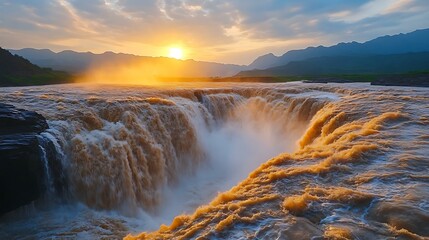 Wall Mural - Majestic Waterfall Sunset Landscape