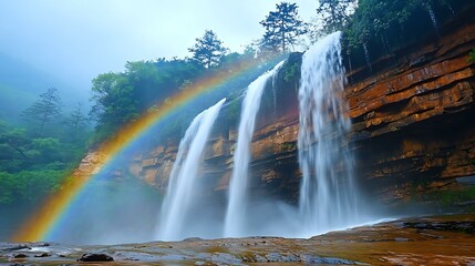 Wall Mural - Stunning Waterfall and Rainbow in Lush Mountain Landscape