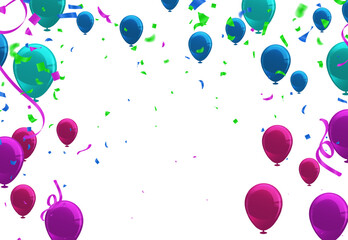 Wall Mural - Party balloons with confetti and ribbons. Vector illustration on transparent background.