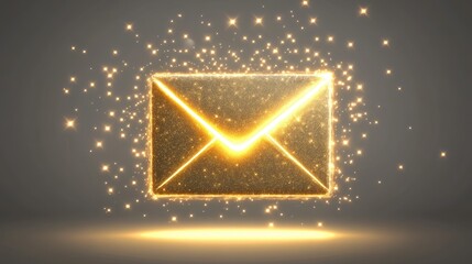 Poster - Glittering Golden Envelope Surrounded by Sparkles and Lights, Symbolizing Communication, Connection, and Digital Messages in a Dynamic Visual Display