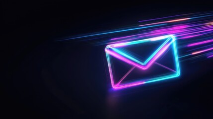 Poster - Neon Envelope in Motion with Light Trails Representing Fast Digital Communication Concept for Modern Messaging and Email Services