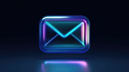 Poster - Futuristic Neon Email Icon Reflecting on a Dark Surface, Featuring Sleek Lines and Glowing Colors, Ideal for Digital Communication and Messaging Themes