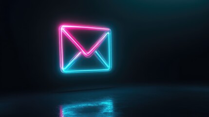 Poster - Neon Email Icon Glowing in Dark Space with Reflections, Perfect for Digital Communication and Modern Technology Themes