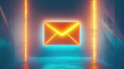 Poster - Bright Neon Envelope Glow in a Futuristic Room with Glowing Walls and an Ethereal Atmosphere, Representing Communication and Connectivity in the Digital Era