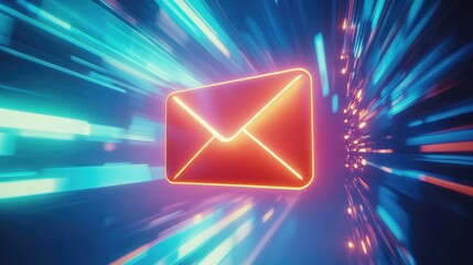 Poster - Vibrant Email Icon Representing Digital Communication in a Futuristic Style with Glowing Effects and Motion Blur