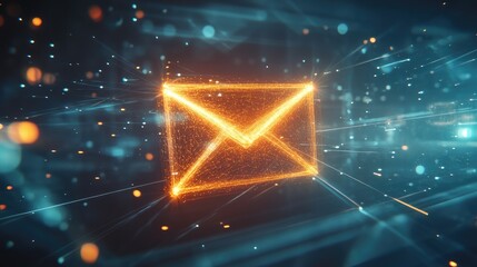 Poster - Abstract Digital Mail Icon with Futuristic Neon Lights, Representing Communication and Connectivity in a High-Tech Environment with Data Particles