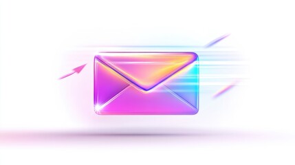 Poster - Colorful 3D Email Icon Representing Digital Communication and Fast Messaging with Vibrant Gradient Effects and Motion Blurs on a Clean White Background