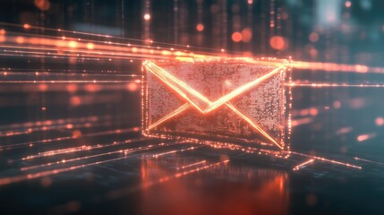 Poster - Futuristic Digital Mail Icon Representing Communication and Connectivity in a High-Tech Environment with Glowing Effects and Data Streams