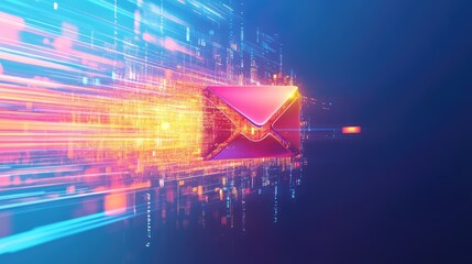 Poster - Abstract Digital Background with Colorful Motion Blur Featuring an Illuminated Envelope Icon Symbolizing Fast Communication and Modern Technology in a Futuristic Environment