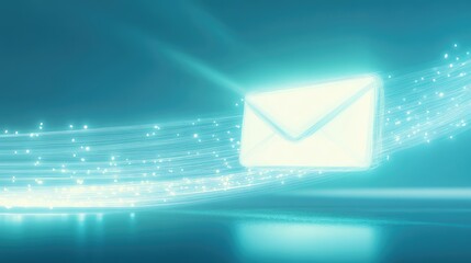 Poster - Futuristic glowing envelope symbolizing digital communication and technology, conveying speed and innovation in a vibrant blue ambiance with a sense of email delivery