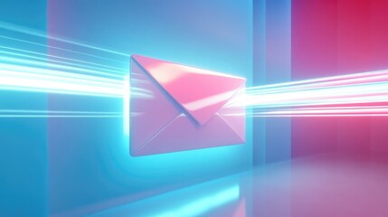 Poster - Futuristic Email Symbol with Neon Glow and Light Trails Representing Digital Communication and Connectivity in a Vibrant, Modern Setting