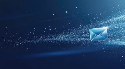 Poster - Dynamic digital representation of a flying email message surrounded by sparkling particles and light trails, illustrating modern communication in a vibrant blue environment