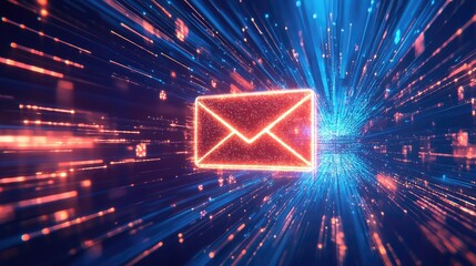 Poster - Vibrant Digital Email Symbol Surrounded by Twinkling Lights and Glowing Particles in an Abstract Cosmic Background of Blues and Reds