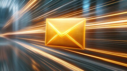 Poster - Golden Envelope Icon Representing Fast Email Communication with Motion Blur Effect, Conveying Speed and Efficiency in Digital Correspondence