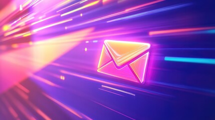 Poster - Vibrant Digital Communication Concept with Neon Envelope and Motion Blur Effects Depicting Speedy Email Correspondence in a Modern Virtual Environment