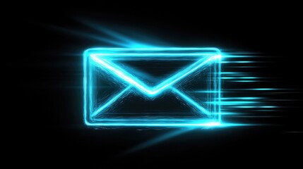 Poster - Futuristic Neon Blue Email Icon with Motion Effects on a Dark Background, Symbolizing Digital Communication and Instant Messaging in a Modern World
