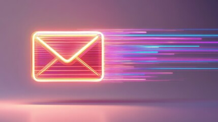 Poster - A Vibrant Neon Email Icon in Motion Representing Fast Digital Communication, Modern Technology, and the Speed of Online Messaging and Information Exchange