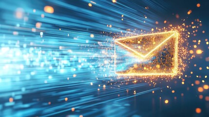 Poster - Bright and Dynamic Email Icon Illuminating a Digital Space with Motion Blur and Glittering Particles Representing Fast Electronic Communication
