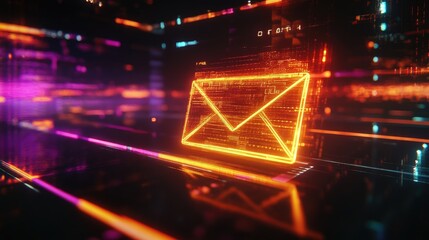 Poster - Vibrant Digital Mail Icon Surrounded by Colorful Neon Lights Representing Modern Communication and Technology in a Futuristic Environment