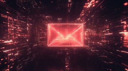 Poster - Futuristic Digital Email Concept with Glowing Red Envelope in a High-Tech Environment Representing Modern Communication and Data Transfer