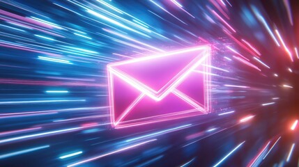 Poster - Bright Neon Email Symbol with Speeding Light Trails in a Digital Environment, Representing Communication and Technology Innovation in a Modern Design