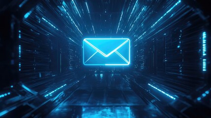 Poster - Futuristic Blue Neon Email Icon Emanating Light in a Digital Tunnel with Abstract High-Tech Background for Communication and Technology Themes