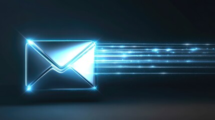 Poster - Futuristic glowing envelope icon with light trails representing digital communication and fast message delivery through technology in a dark background