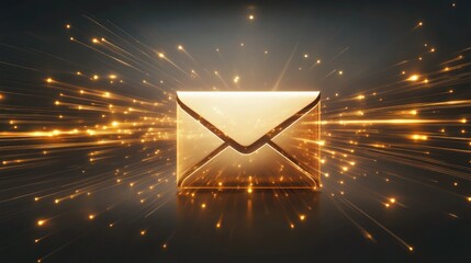 Poster - Golden Mail Envelope Surrounded by Glowing Light Particles Creating a Magical and Eye-Catching Visual Representation of Communication and Connection
