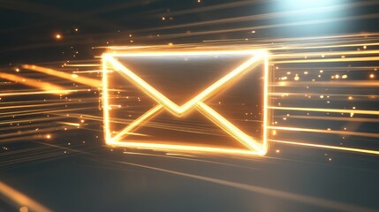 Poster - Glowing Email Icon with Light Trails and Sparkles Representing Digital Communication and Fast Delivery in a Modern Visual Style