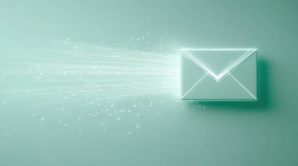 Poster - Futuristic glowing envelope with light trails representing digital communication, mail delivery, and technology advancement on a soft mint green background